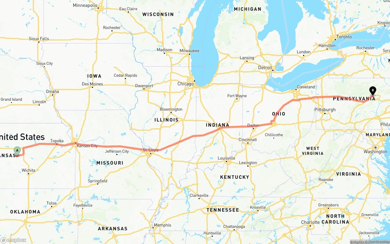 Shipping route from Kansas to Pennsylvania