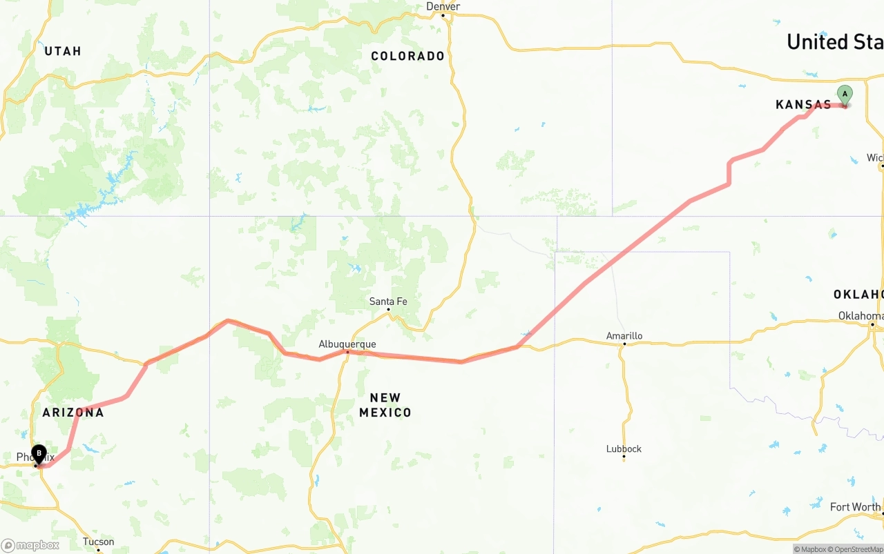 Shipping route from Kansas to Phoenix Sky Harbor International Airport