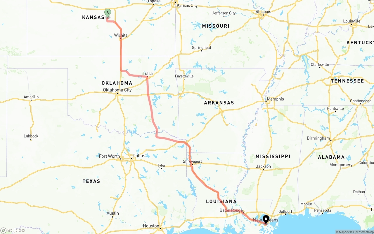 Shipping route from Kansas to Port of New Orleans