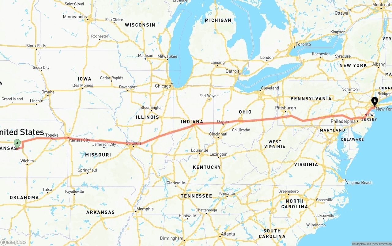 Shipping route from Kansas to Port of New York