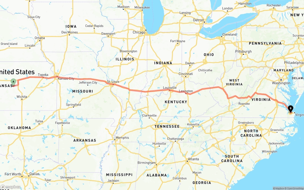 Shipping route from Kansas to Port of Norfolk