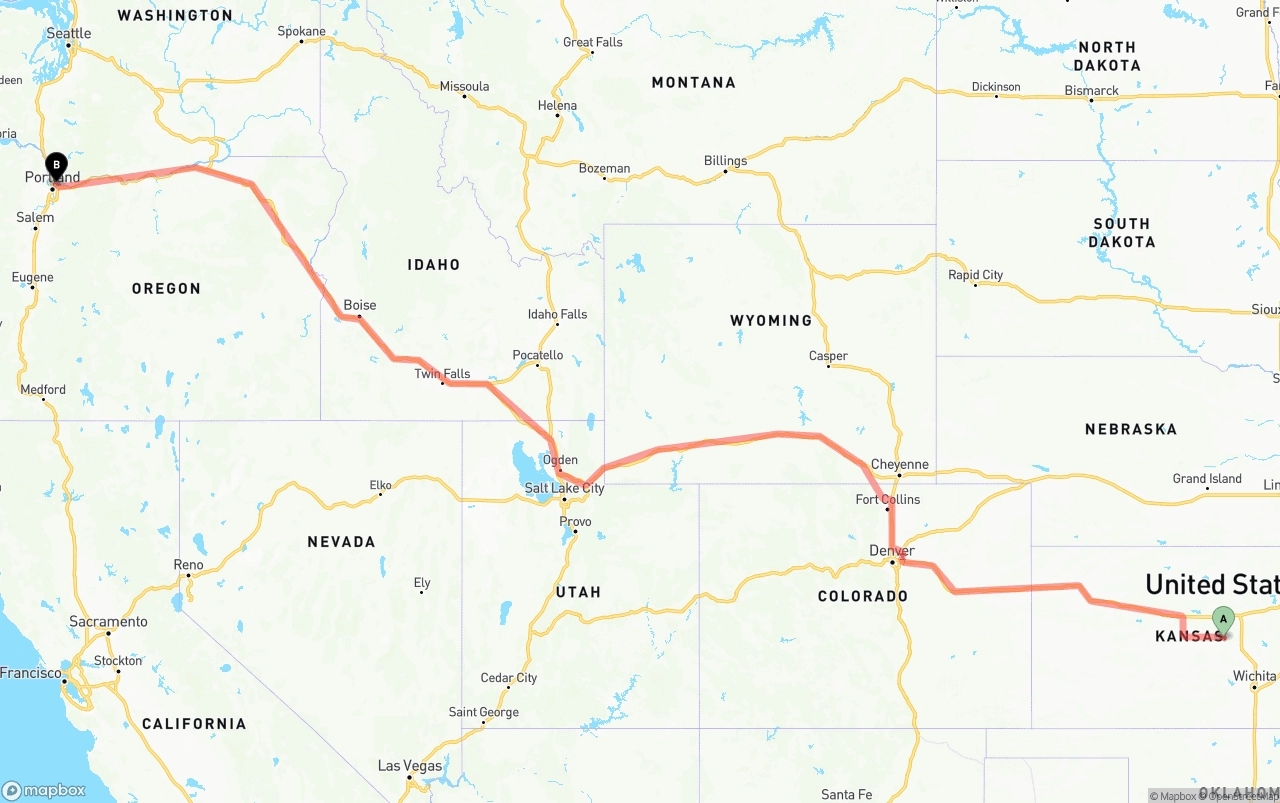 Shipping route from Kansas to Port of Portland