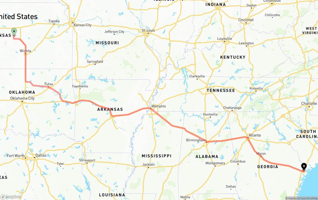 Shipping route from Kansas to Port of Savannah