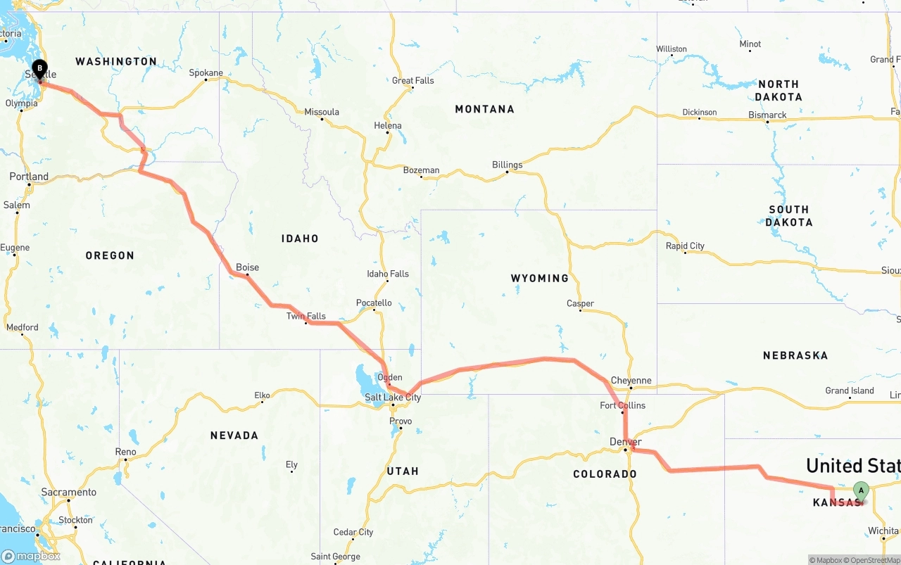 Shipping route from Kansas to Port of Seattle