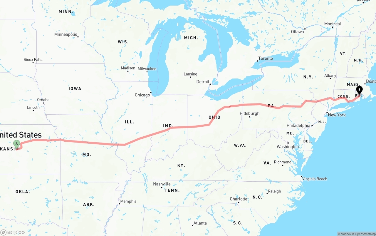 Shipping route from Kansas to Rhode Island