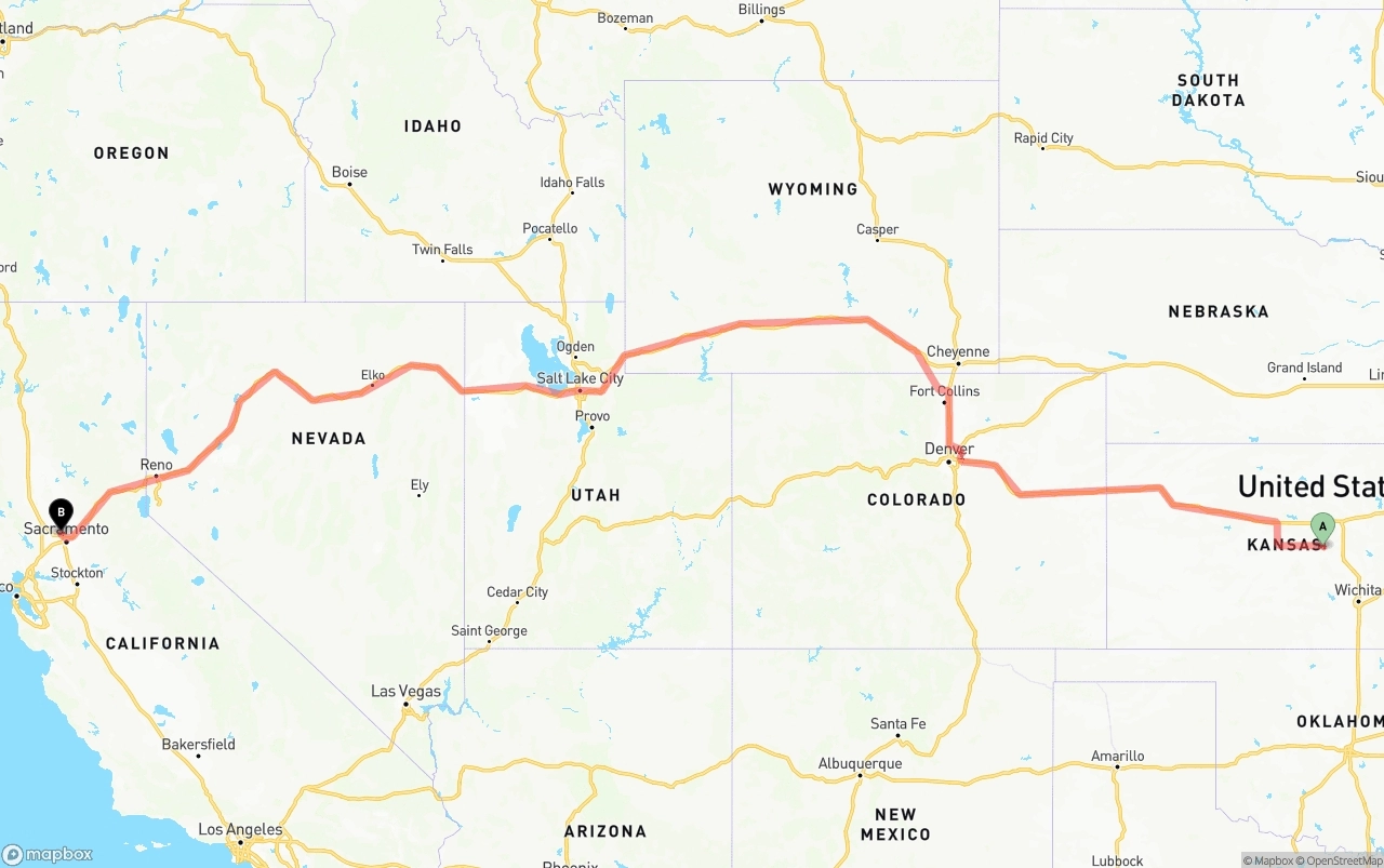 Shipping route from Kansas to Sacramento International Airport