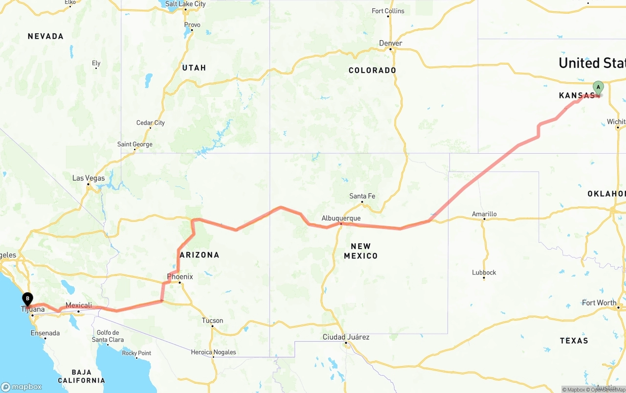 Shipping route from Kansas to San Diego International Airport