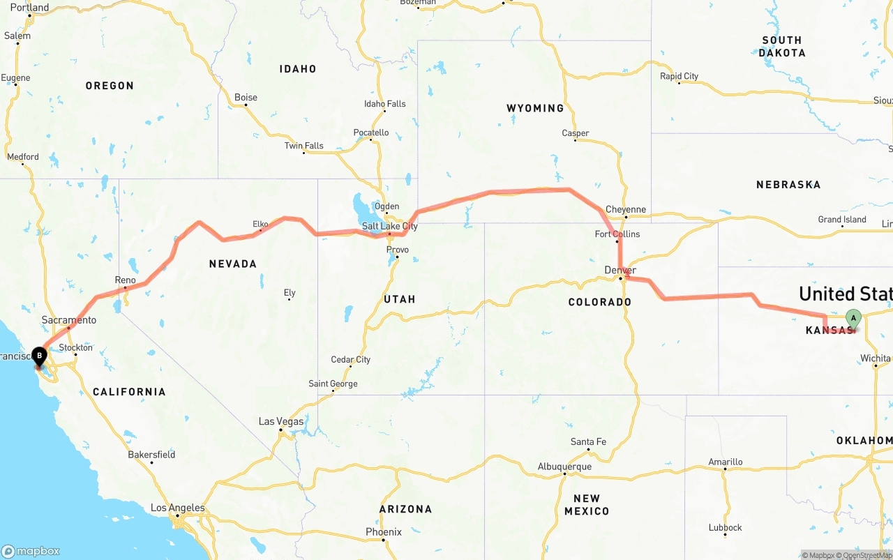Shipping route from Kansas to San Francisco International Airport