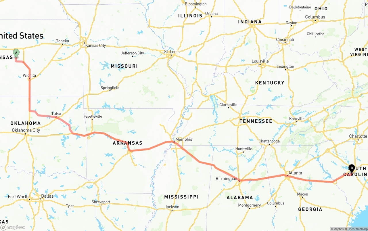 Shipping route from Kansas to South Carolina