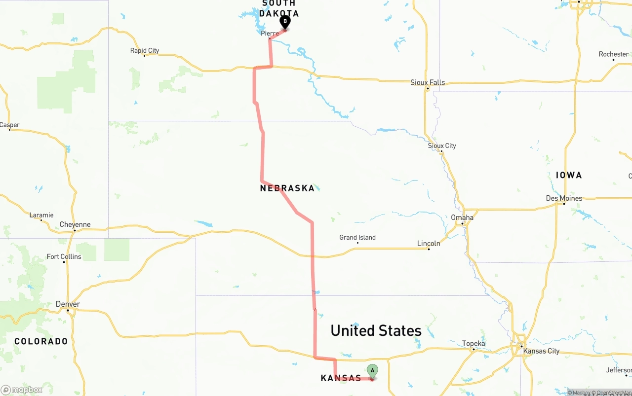 Shipping route from Kansas to South Dakota