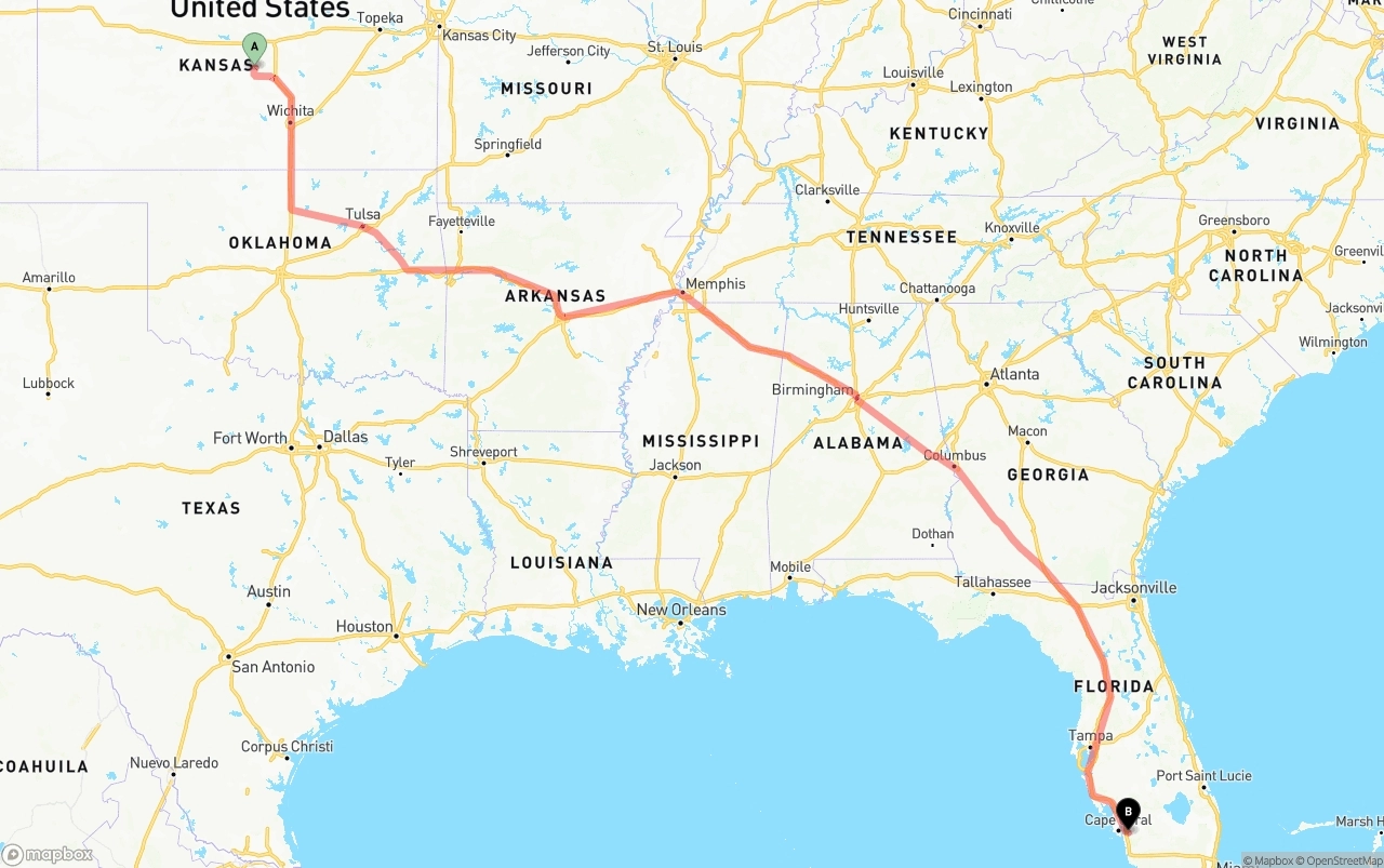 Shipping route from Kansas to Southwest Florida International Airport