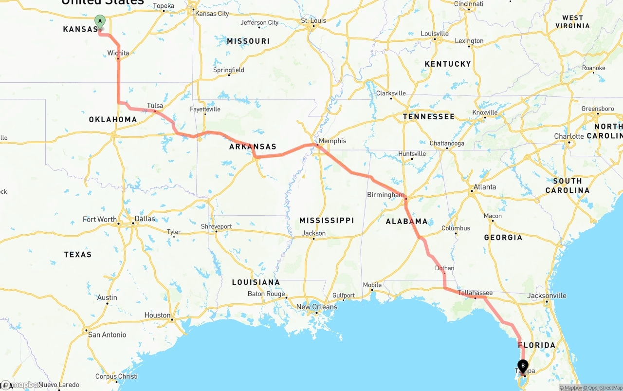 Shipping route from Kansas to Tampa International Airport