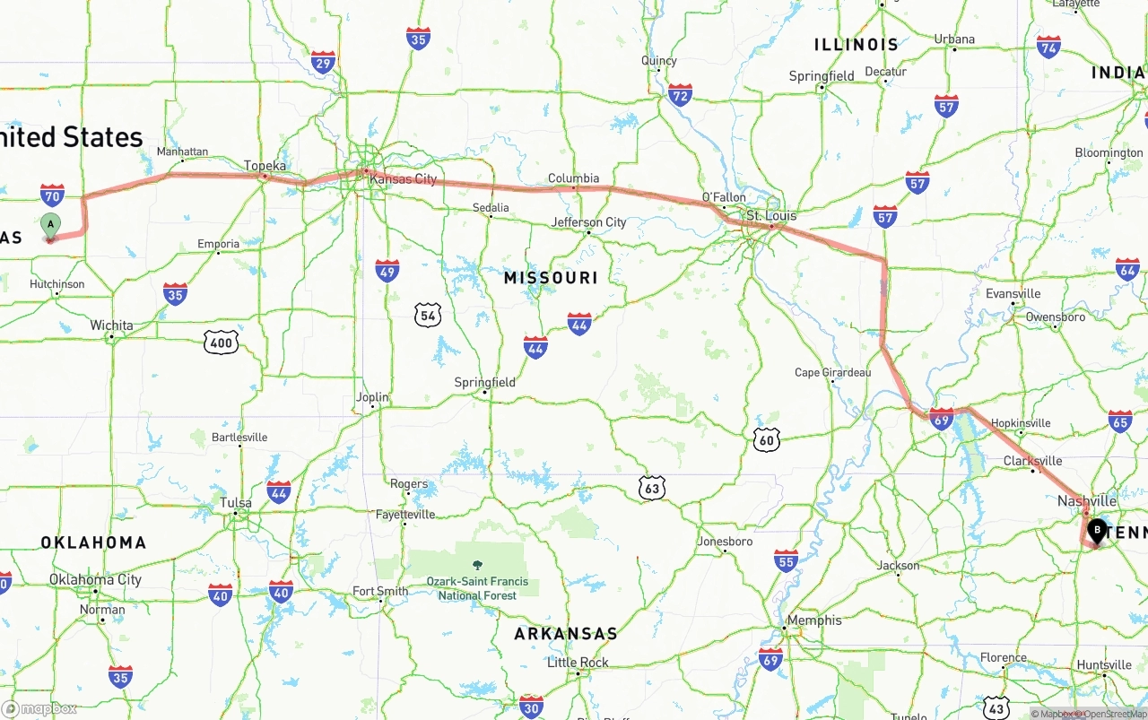 Shipping route from Kansas to Tennessee