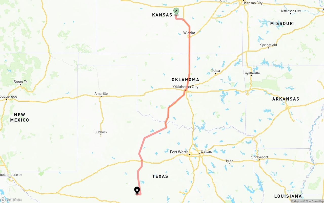 Shipping route from Kansas to Texas