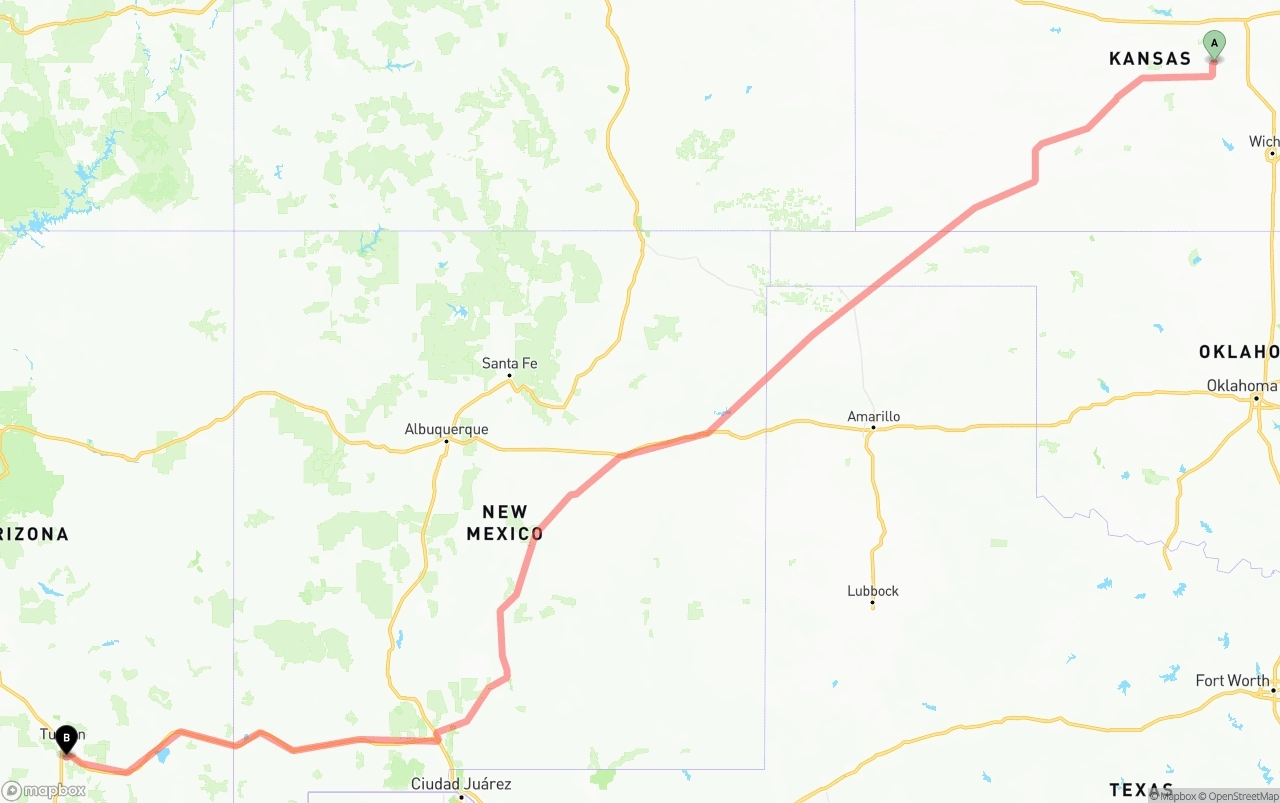 Shipping route from Kansas to Tucson International Airport