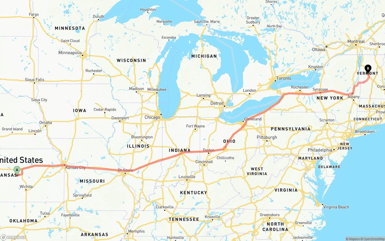 Shipping route from Kansas to Vermont