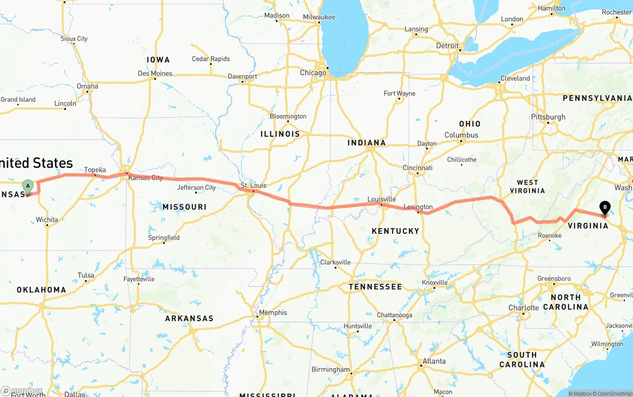 Shipping route from Kansas to Virginia