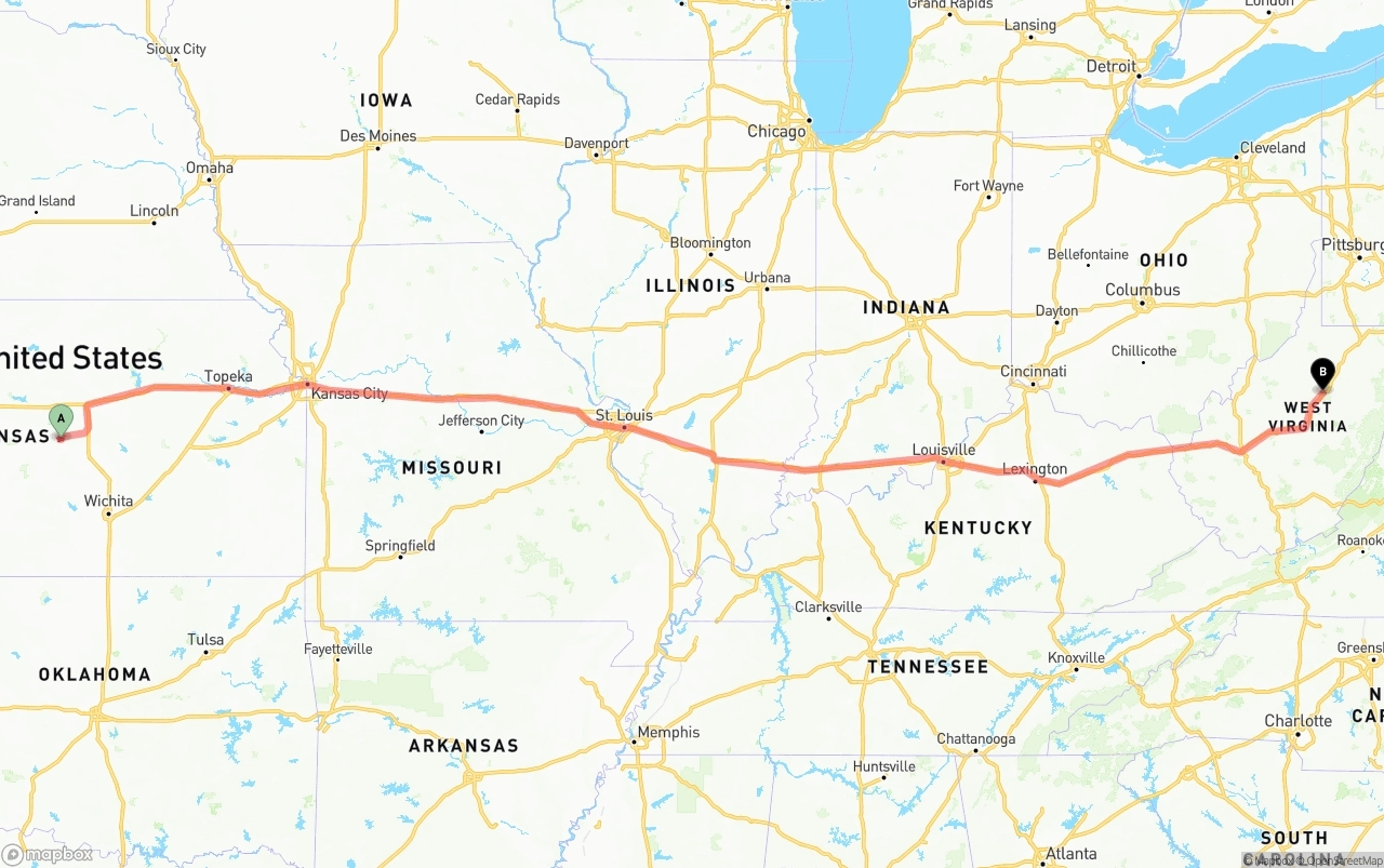 Shipping route from Kansas to West Virginia