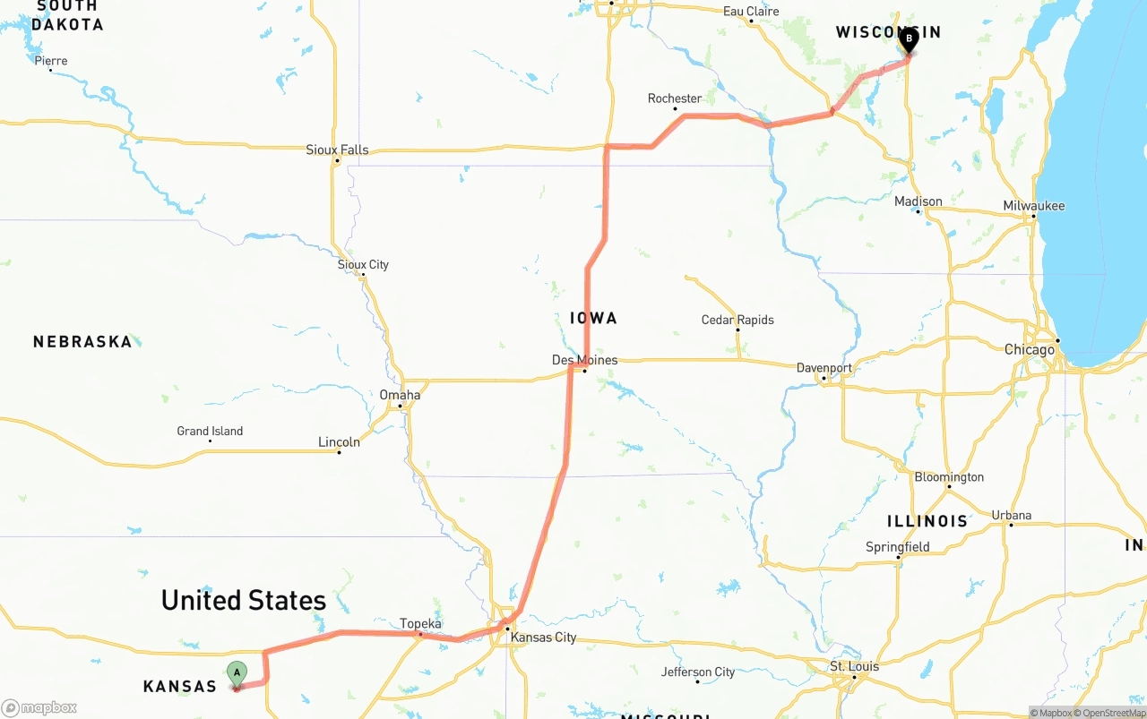 Shipping route from Kansas to Wisconsin