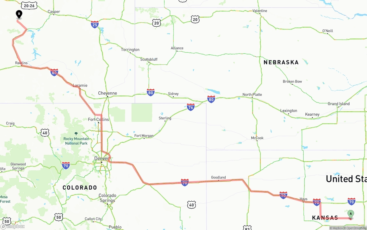 Shipping route from Kansas to Wyoming