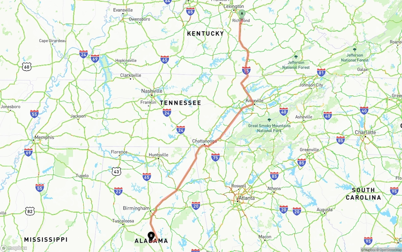 Shipping route from Kentucky to Alabama