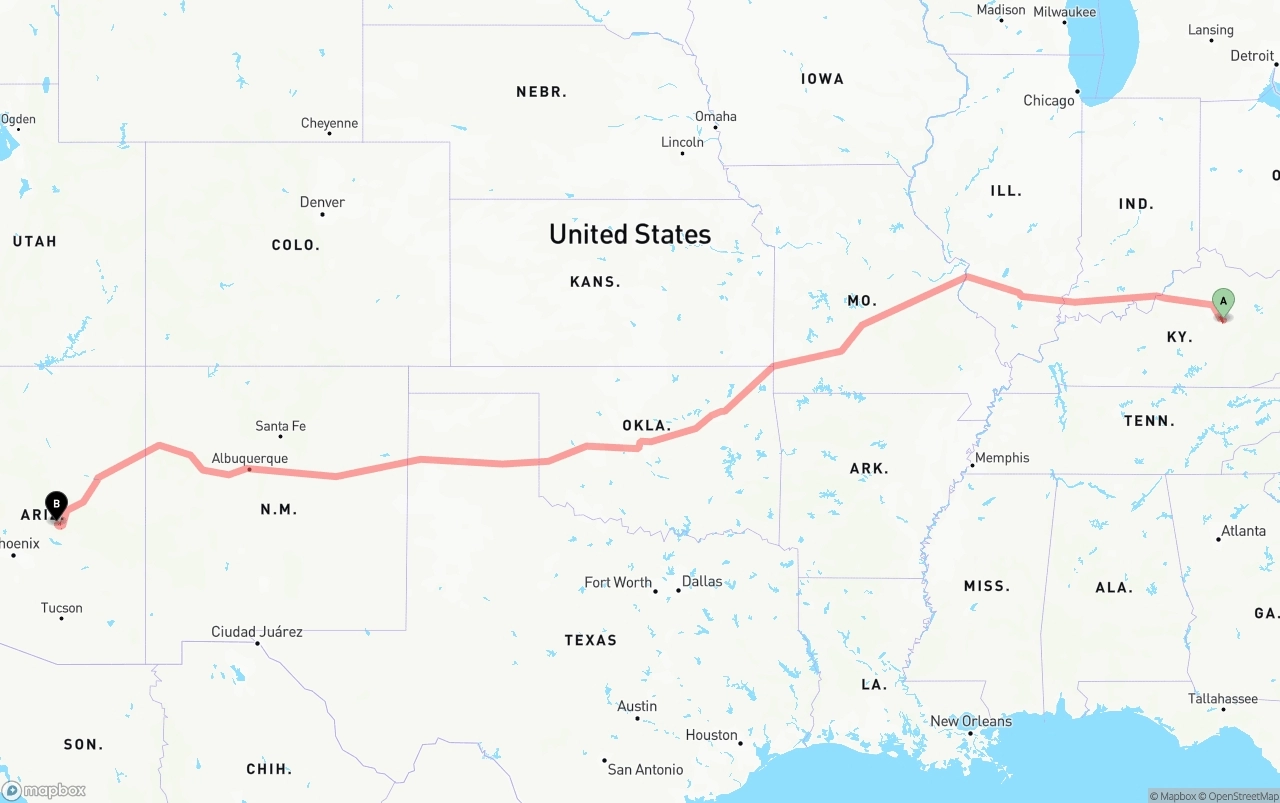 Shipping route from Kentucky to Arizona