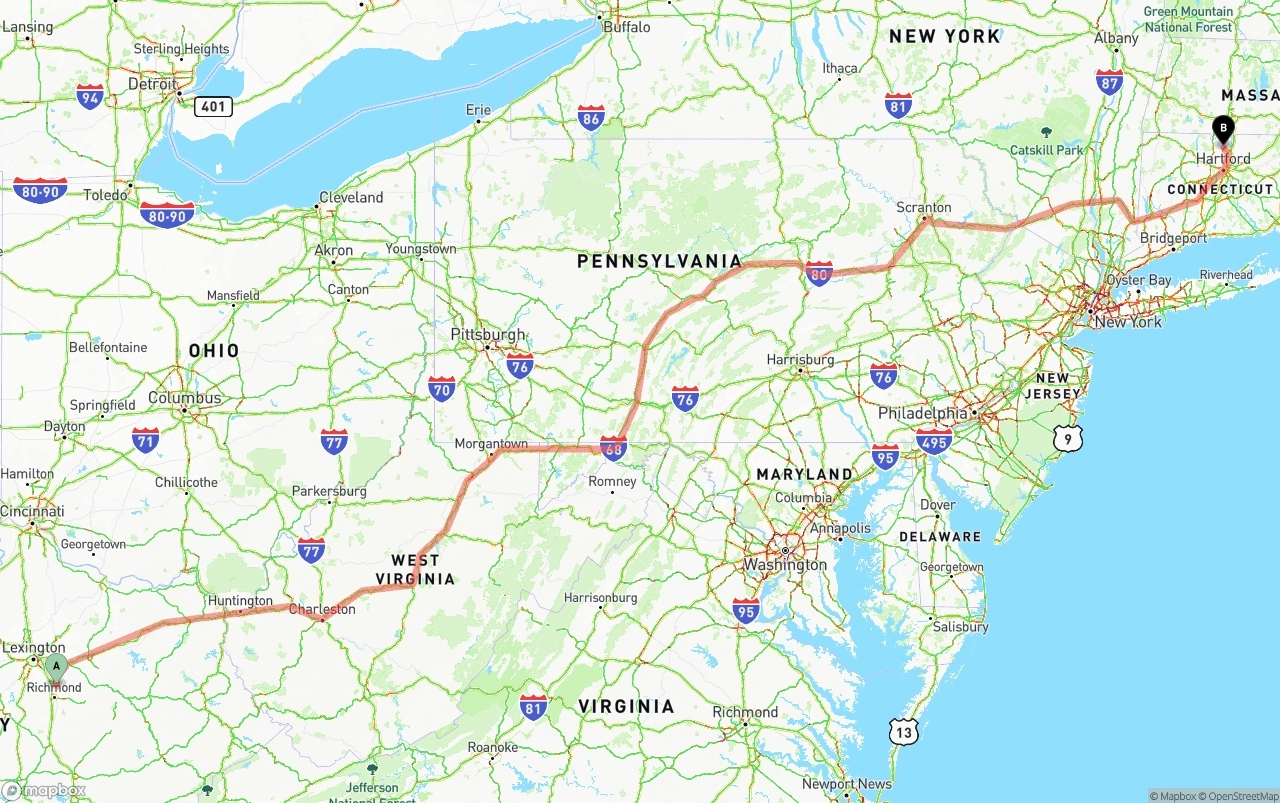 Shipping route from Kentucky to Bradley International Airport