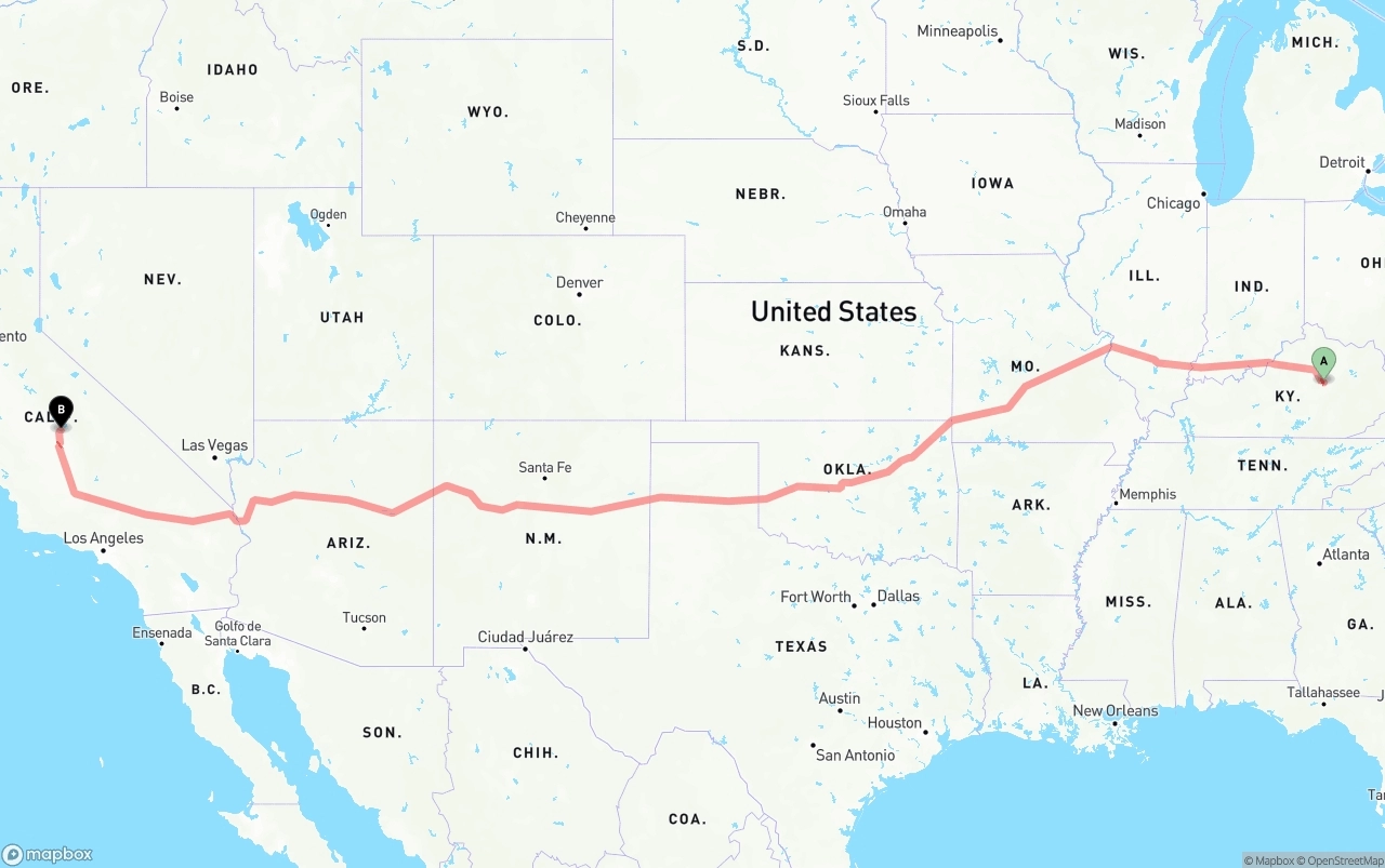Shipping route from Kentucky to California
