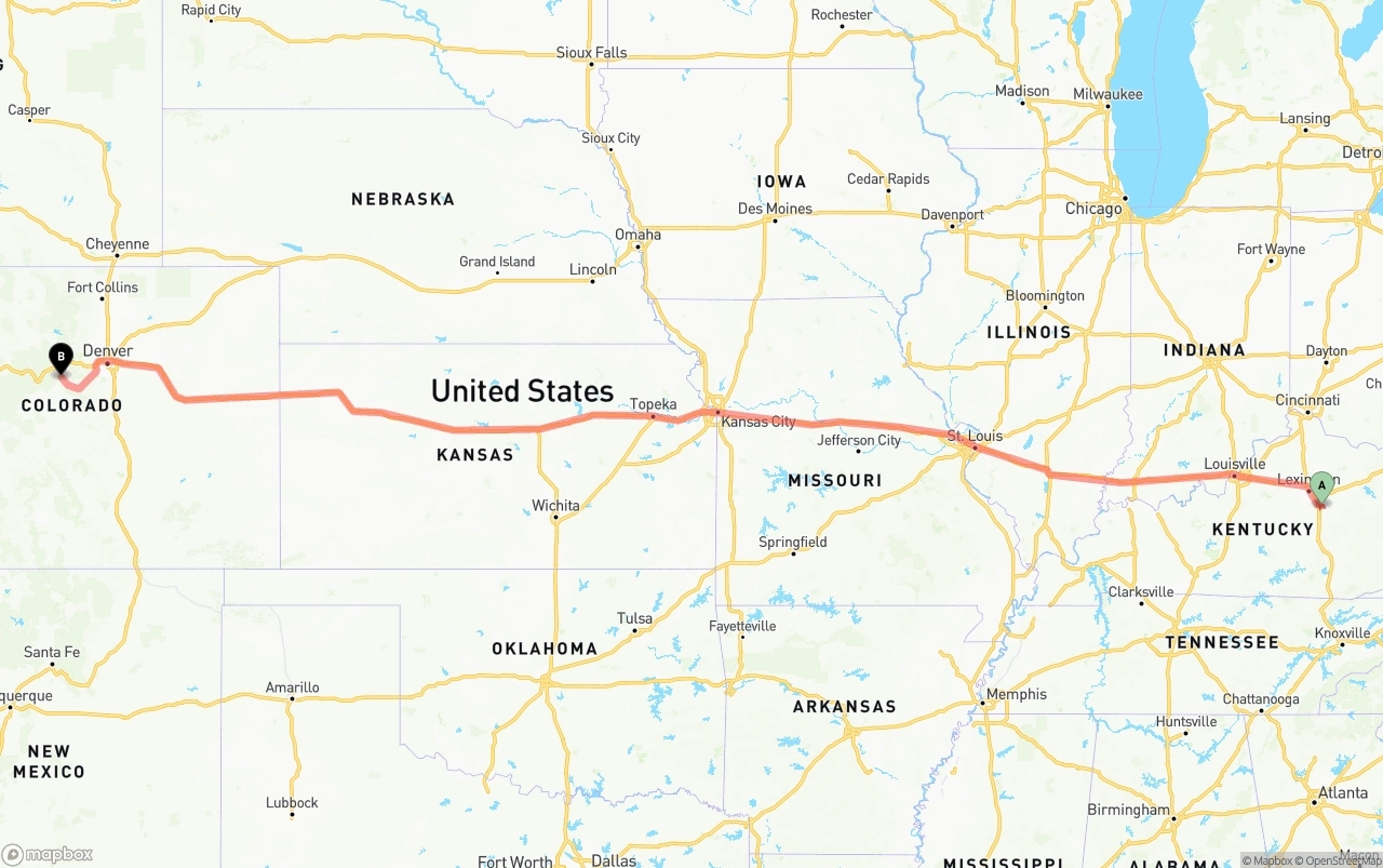 Shipping route from Kentucky to Colorado