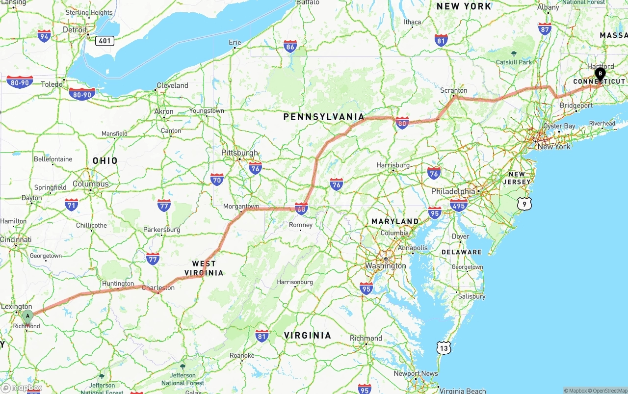 Shipping route from Kentucky to Connecticut