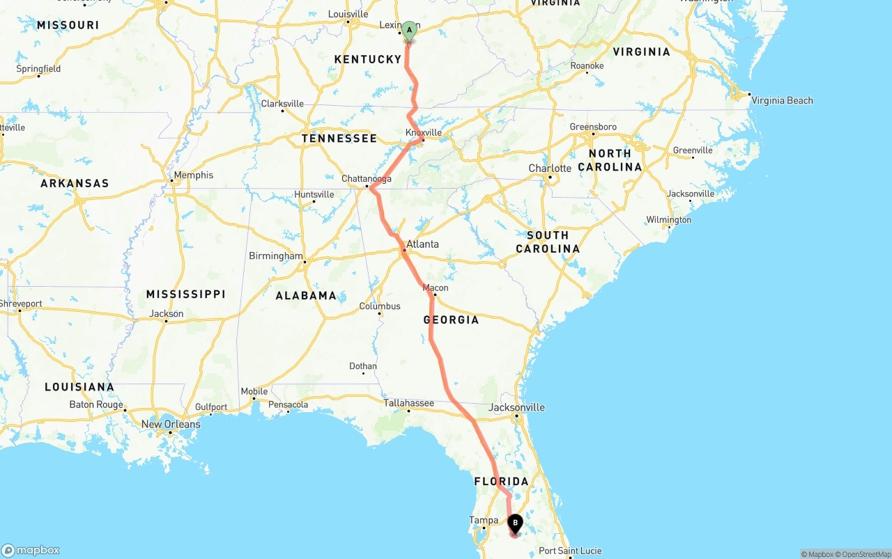 Shipping route from Kentucky to Florida