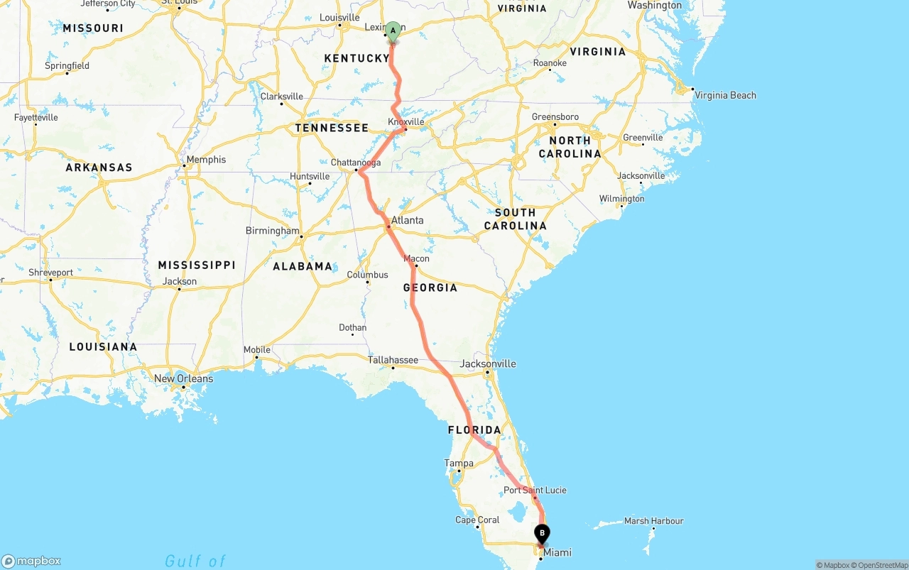 Shipping route from Kentucky to Fort Lauderdale-Hollywood International Airport