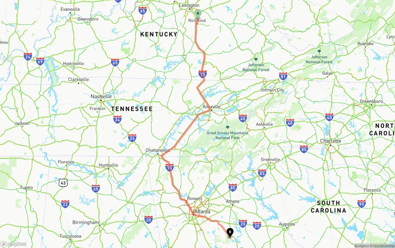 Shipping route from Kentucky to Georgia