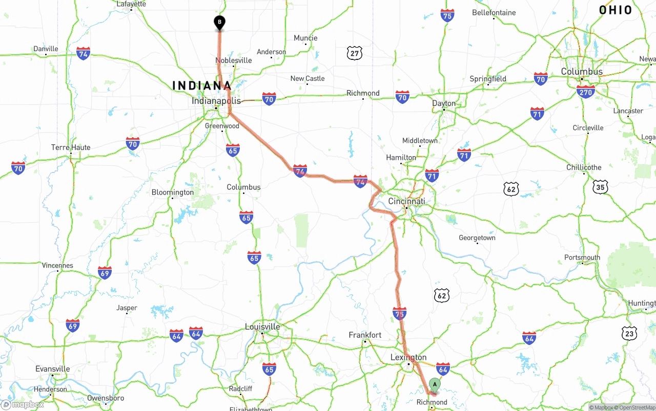 Shipping route from Kentucky to Indiana