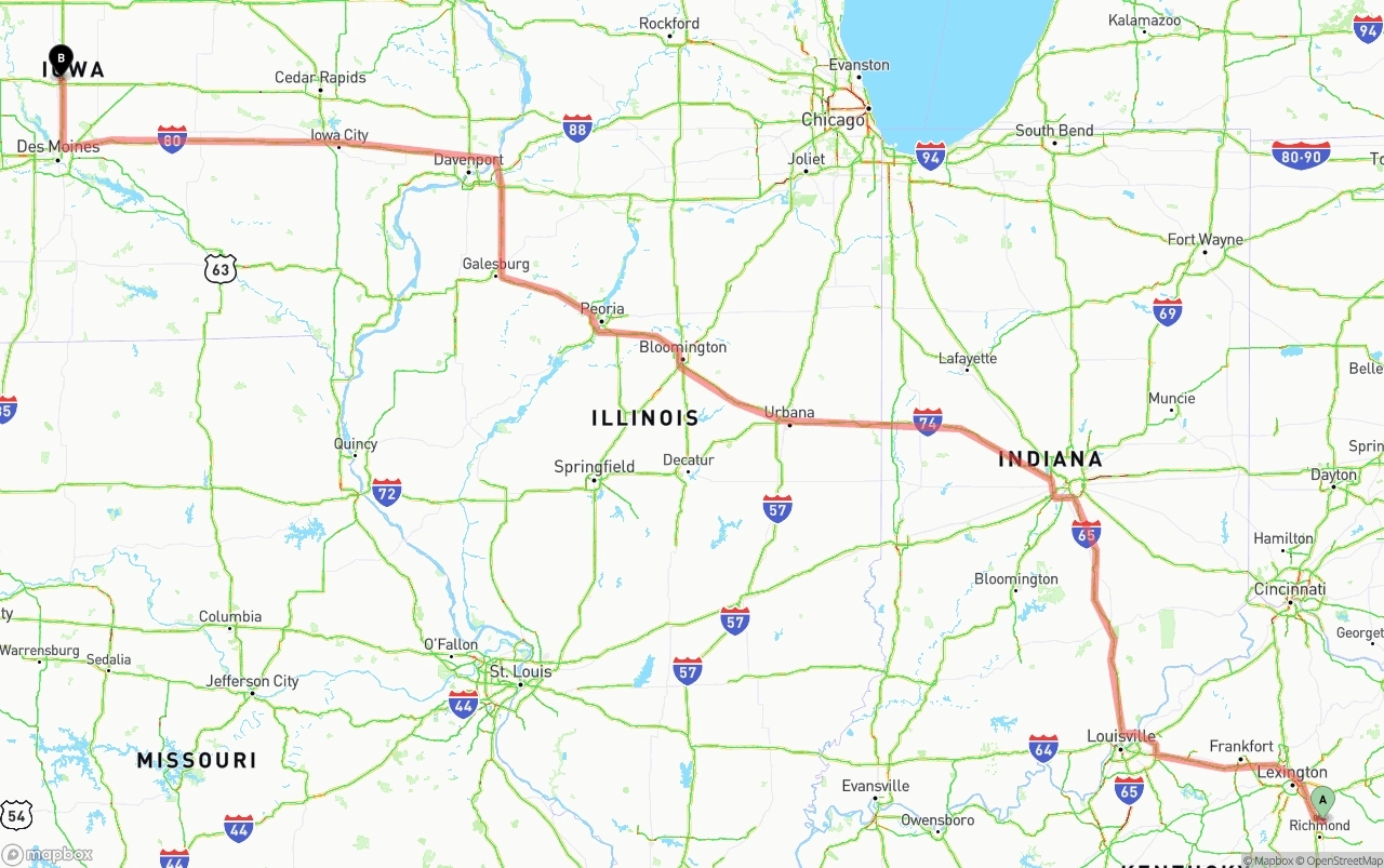 Shipping route from Kentucky to Iowa