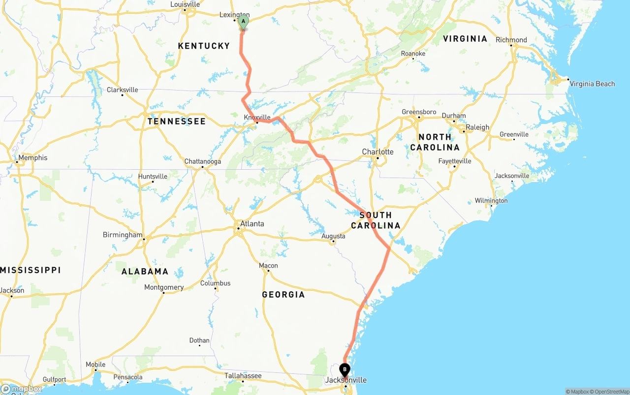 Shipping route from Kentucky to Jacksonville International Airport