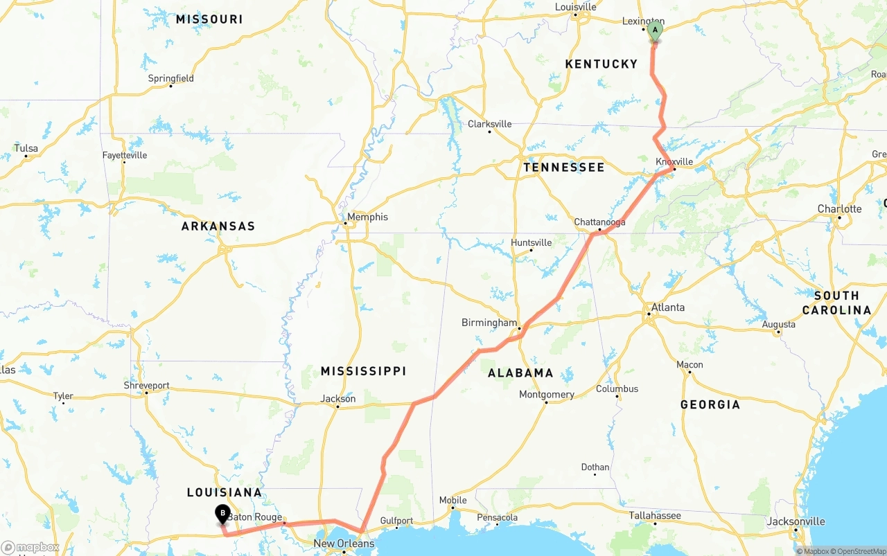 Shipping route from Kentucky to Louisiana