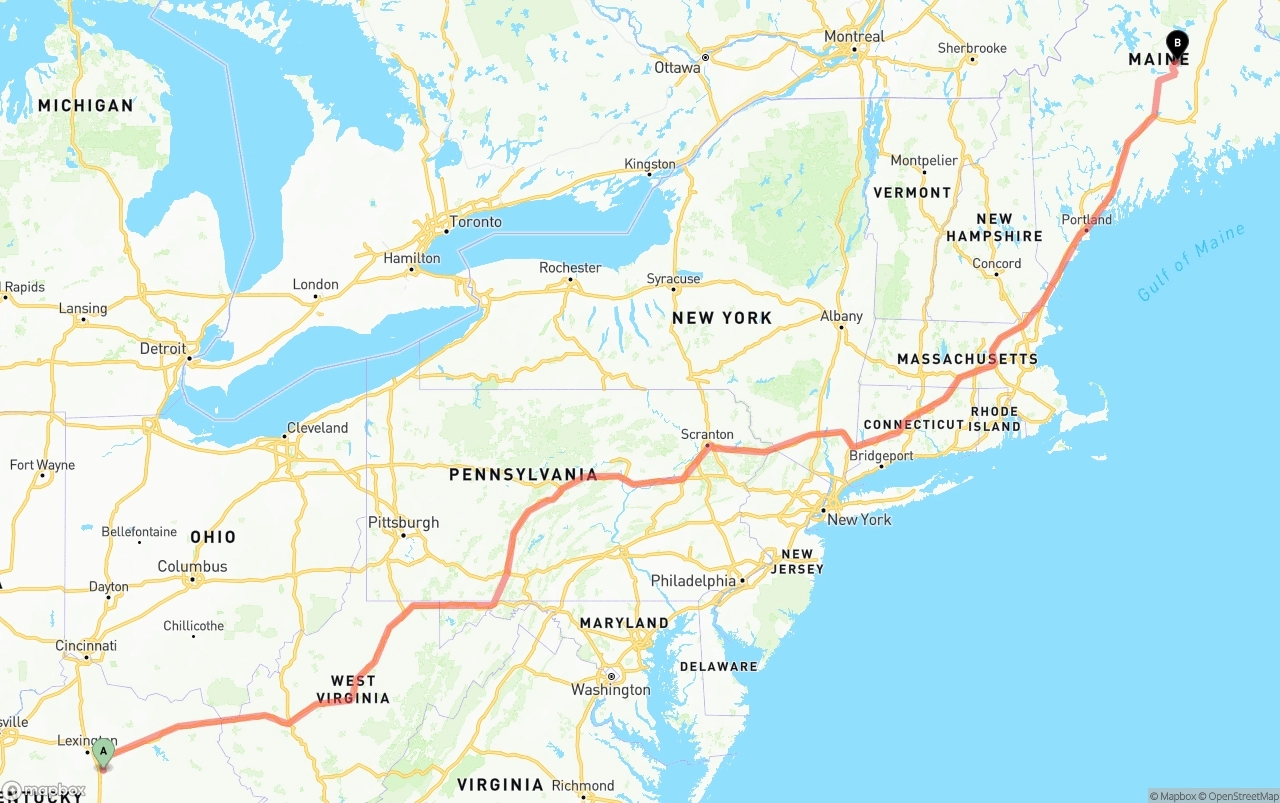 Shipping route from Kentucky to Maine