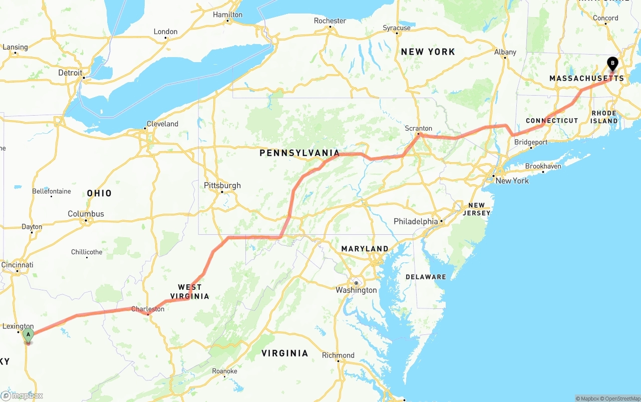 Shipping route from Kentucky to Massachusetts