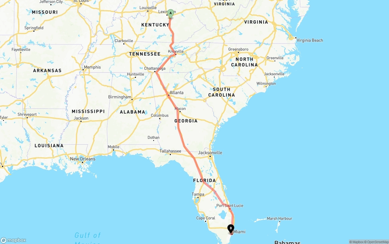 Shipping route from Kentucky to Miami International Airport