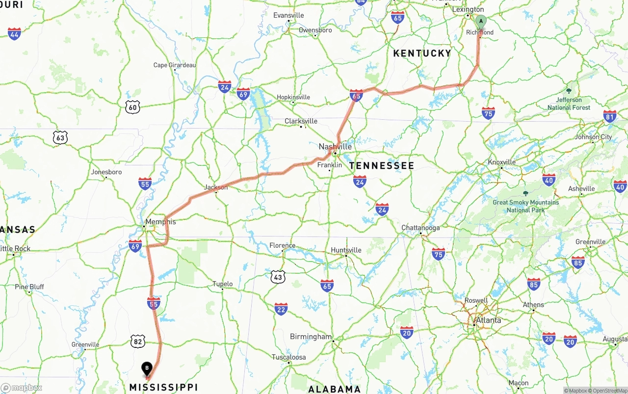 Shipping route from Kentucky to Mississippi