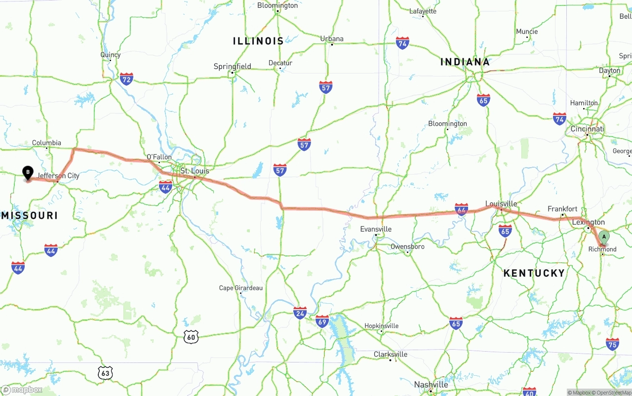 Shipping route from Kentucky to Missouri