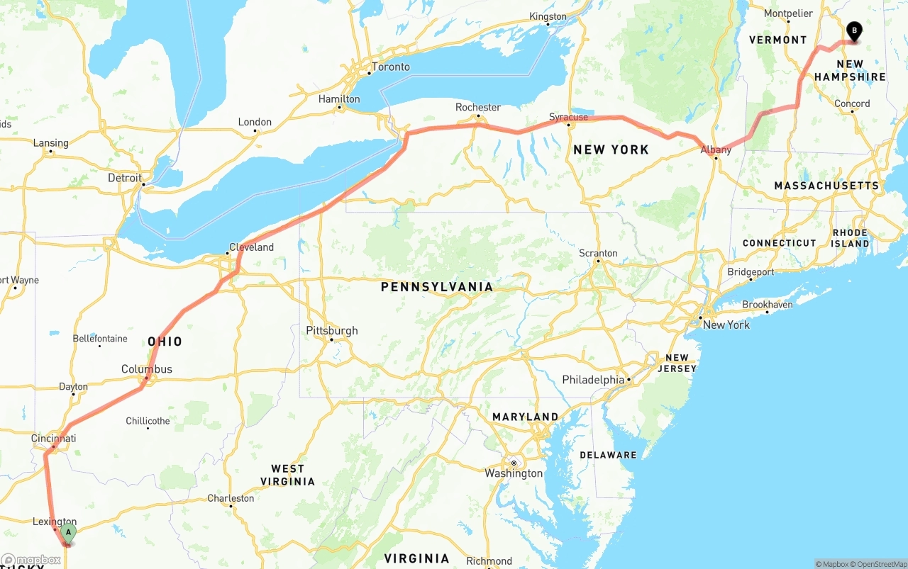 Shipping route from Kentucky to New Hampshire