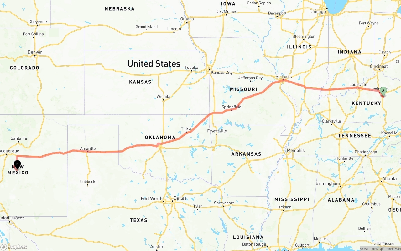 Shipping route from Kentucky to New Mexico