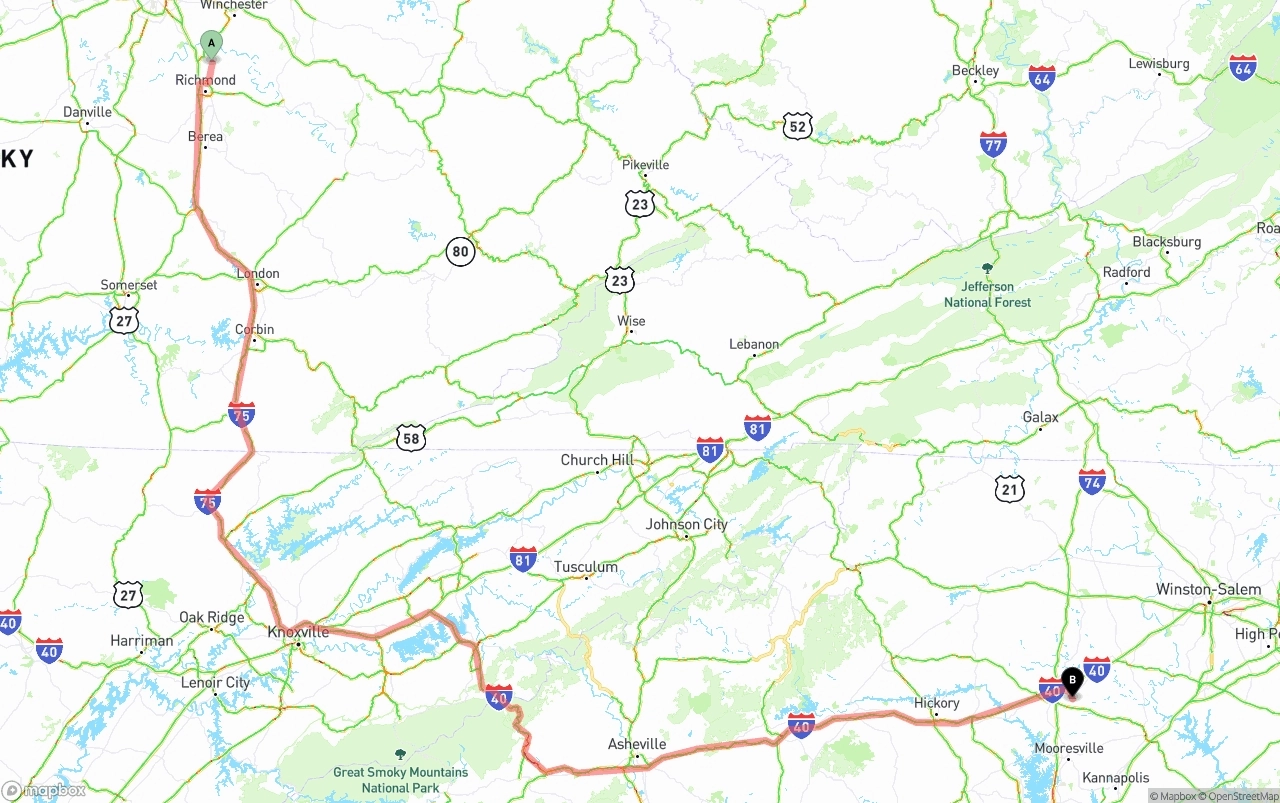 Shipping route from Kentucky to North Carolina