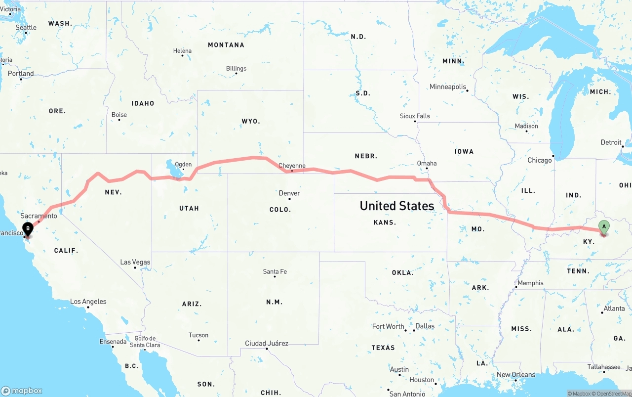 Shipping route from Kentucky to Oakland International Airport