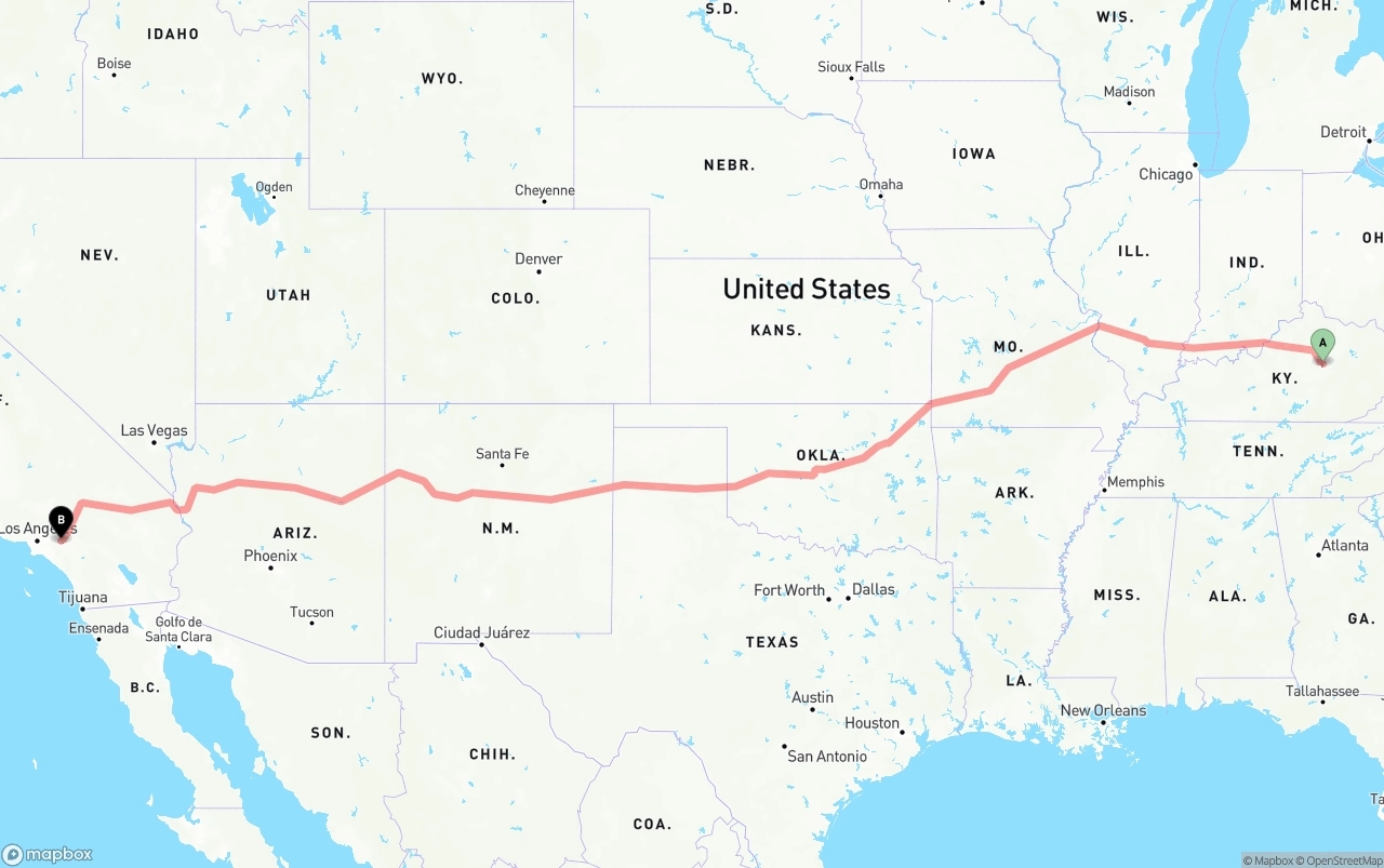 Shipping route from Kentucky to Ontario International Airport