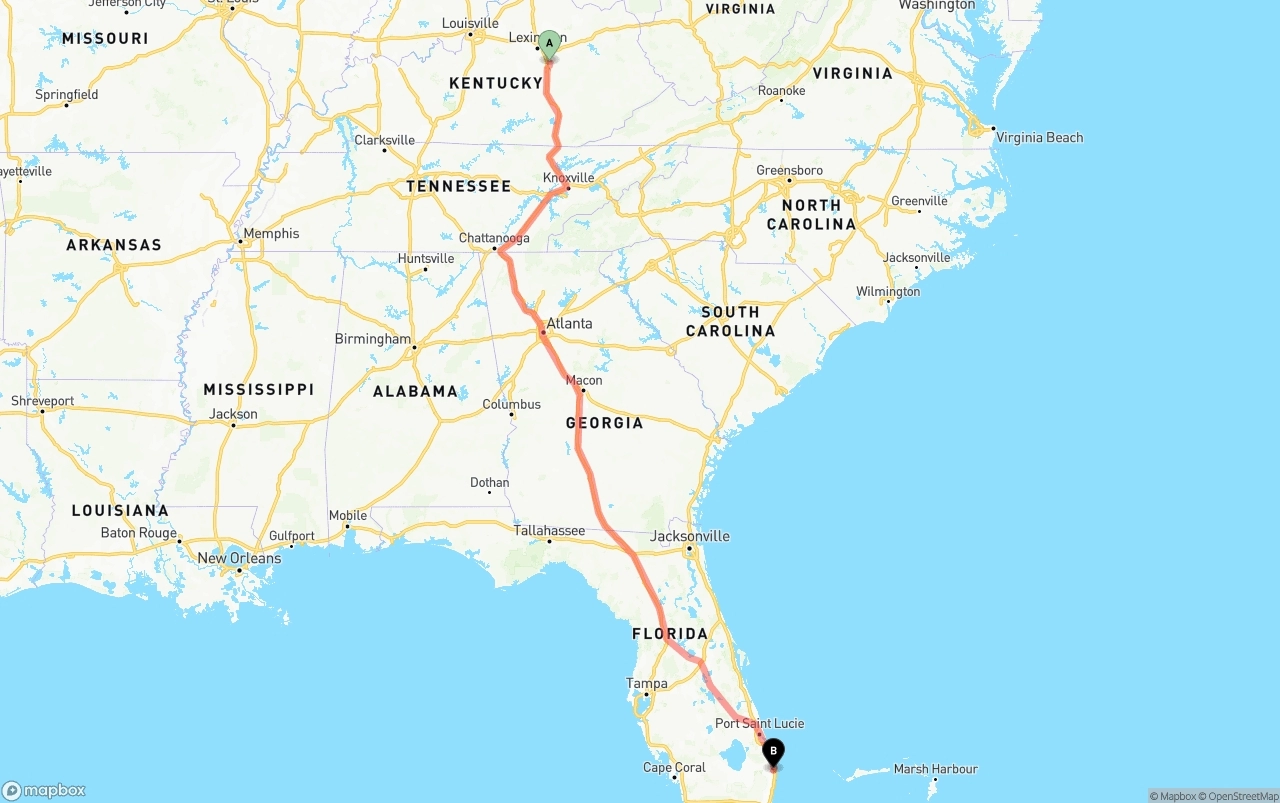 Shipping route from Kentucky to Palm Beach International Airport