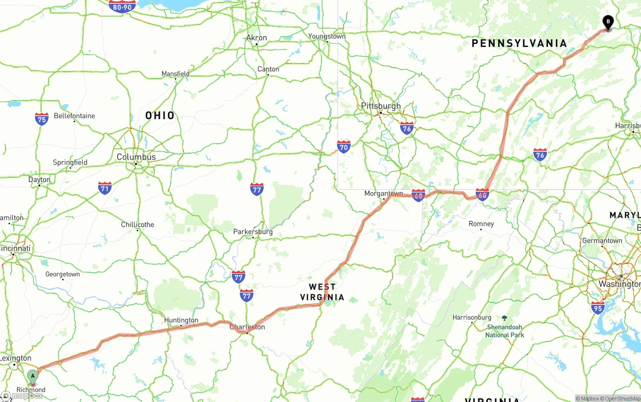 Shipping route from Kentucky to Pennsylvania