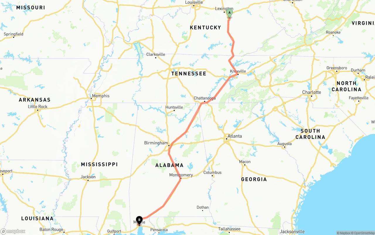 Shipping route from Kentucky to Port of Mobile